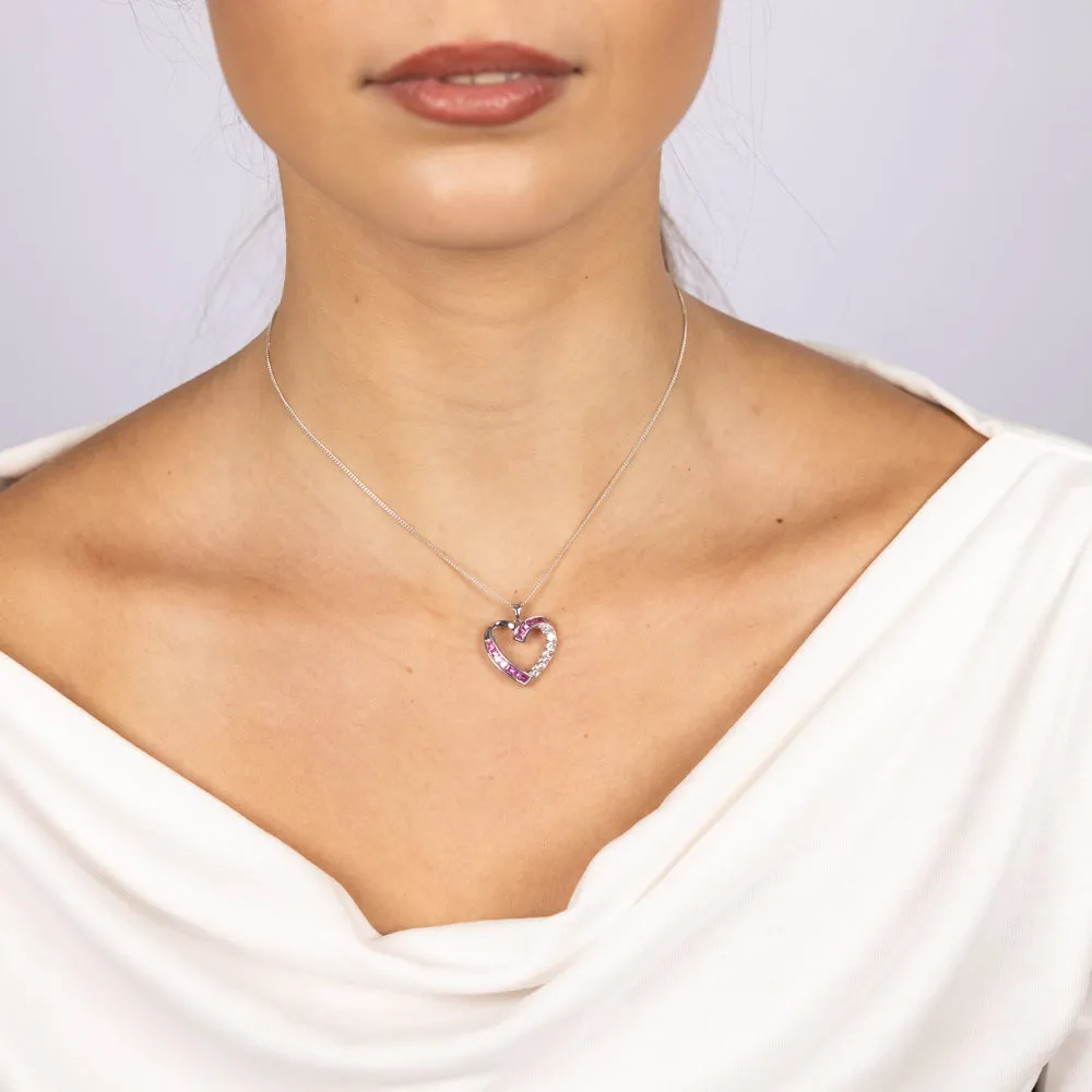 Created Pink Sapphire & Created White Sapphire Heart Pendant Sterling Silver Shiels