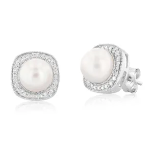 Cultured Pearl & 05Pts Diamond Stud Earrings In Sterling Silver Shiels