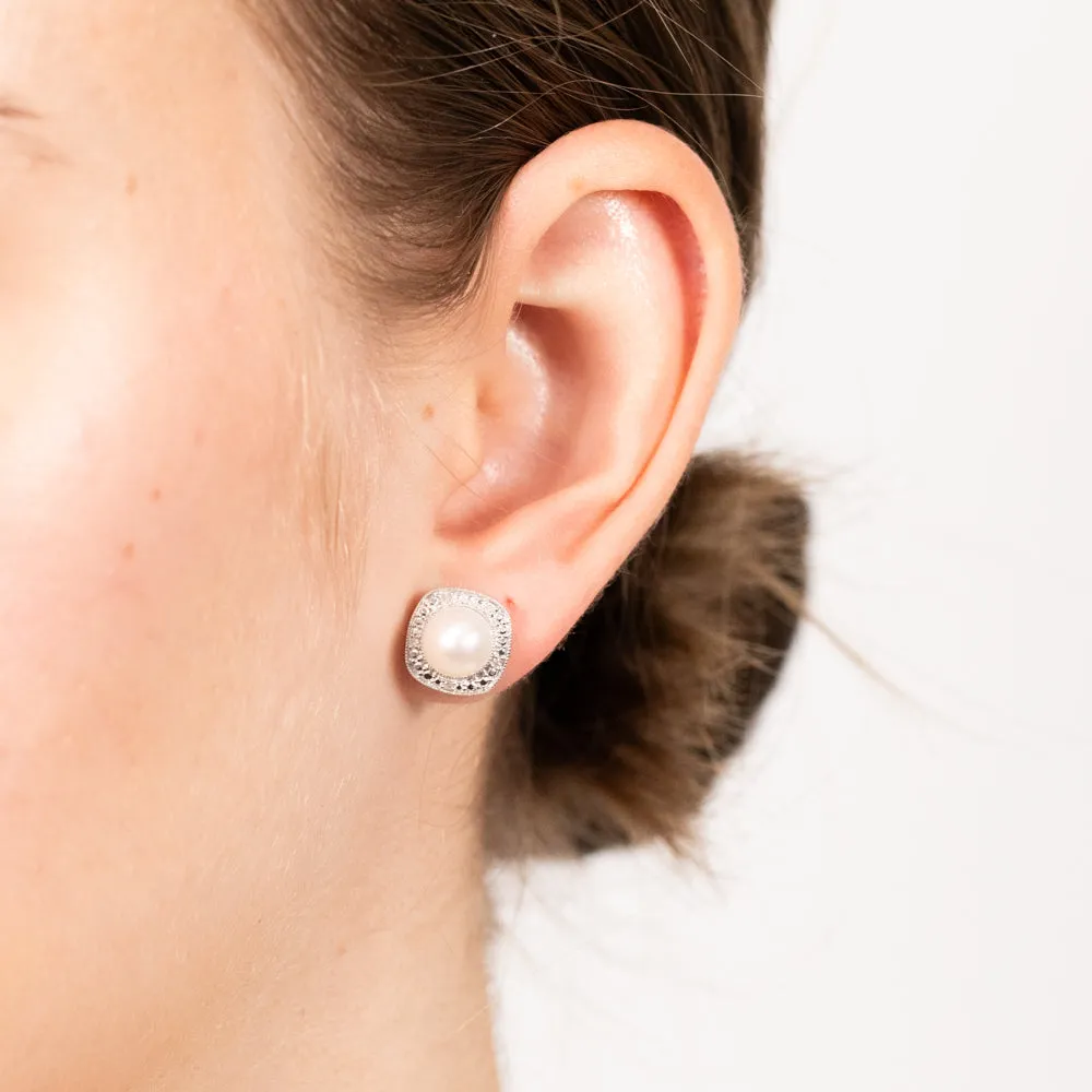 Cultured Pearl & 05Pts Diamond Stud Earrings In Sterling Silver Shiels