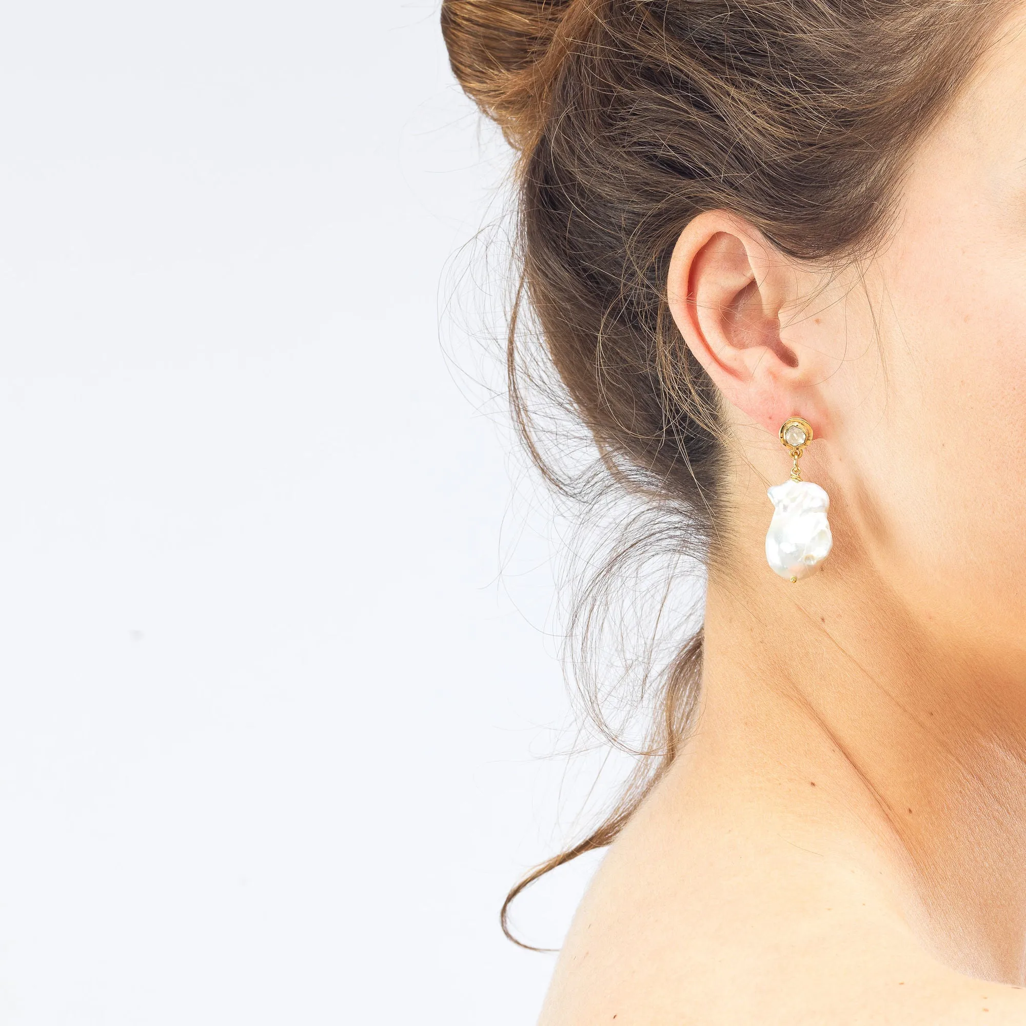 Diamond Slice And Baroque Gold Plated Earrings w. Pearls