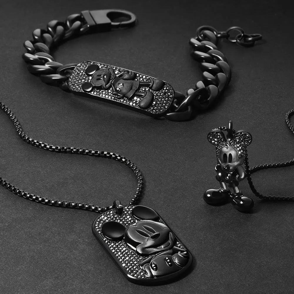 Disney Mickey Mouse Black Tone Stainless Steel Dog Tag Pendant On Chain 100th Disney Anniversary Shiels