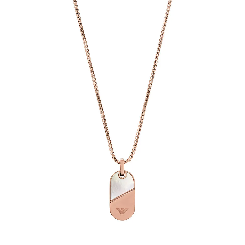 Emporio Armani Rose Rold Plated Stainless Steel Mother Of Pearl Dog Tag Pendant on Chain Shiels