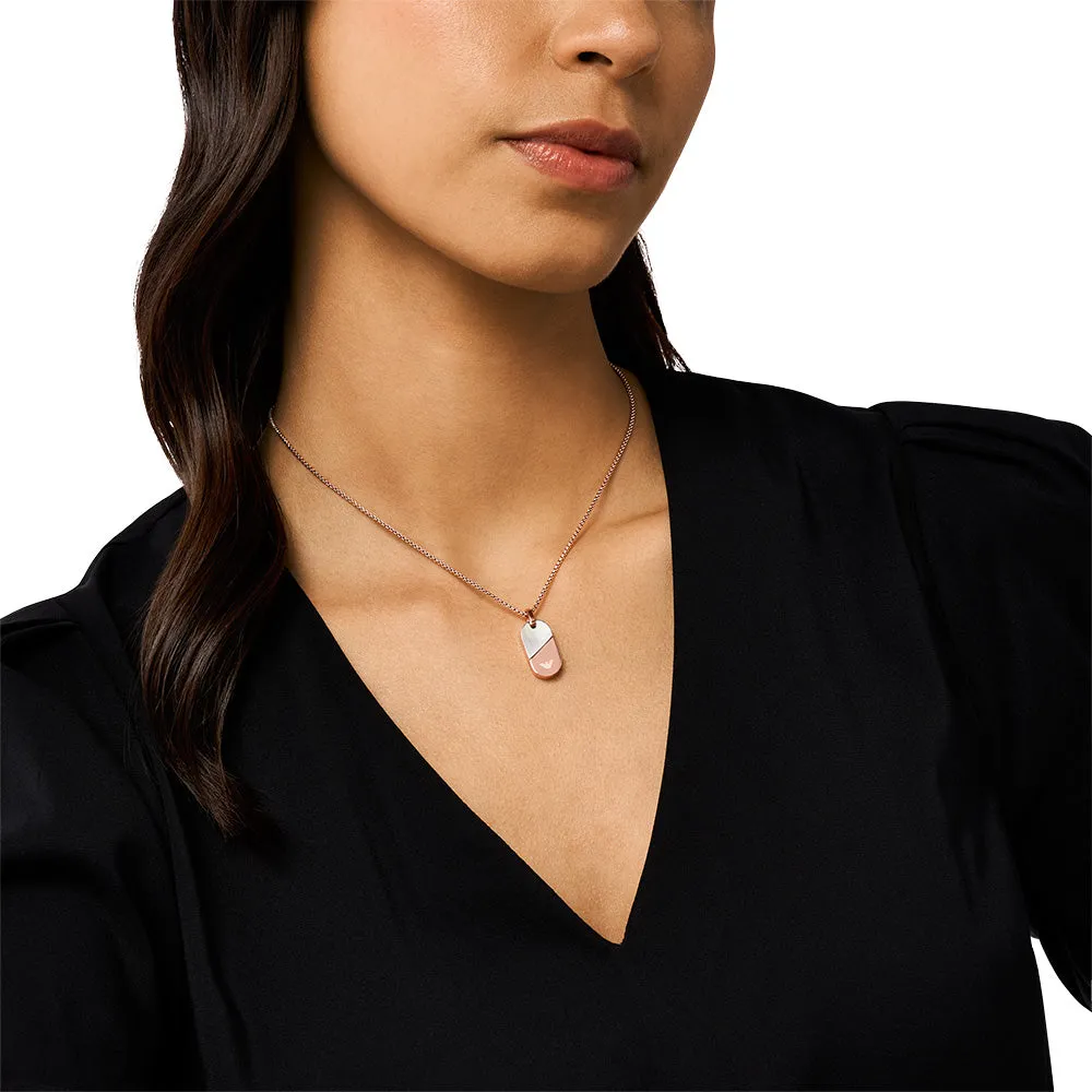 Emporio Armani Rose Rold Plated Stainless Steel Mother Of Pearl Dog Tag Pendant on Chain Shiels
