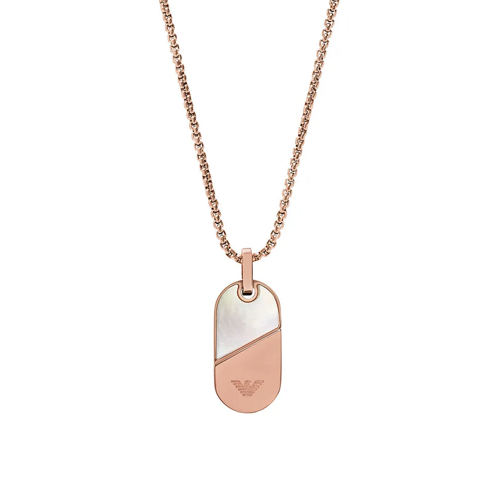 Emporio Armani Rose Rold Plated Stainless Steel Mother Of Pearl Dog Tag Pendant on Chain Shiels