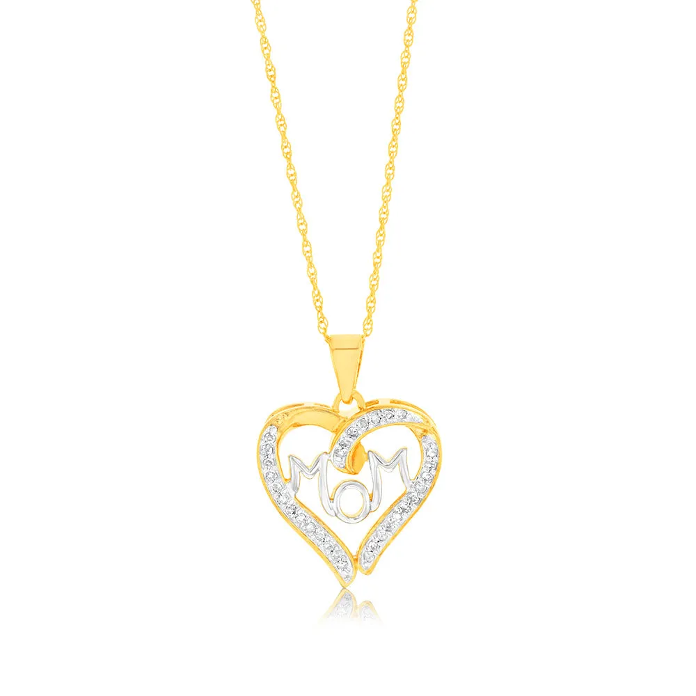 Gold Plated Sterling Silver 1/4 Carat Diamond "MUM" Heart Pendant on 45cm Chain Shiels