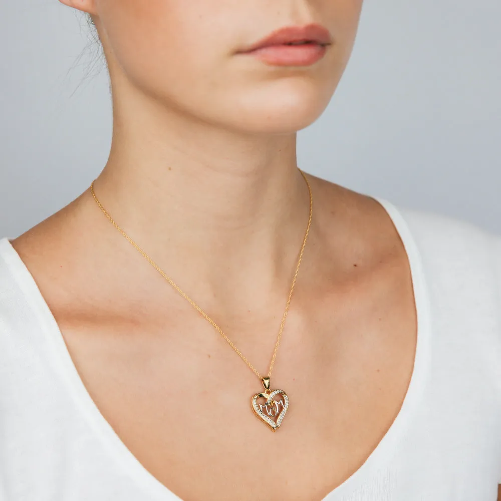 Gold Plated Sterling Silver 1/4 Carat Diamond "MUM" Heart Pendant on 45cm Chain Shiels