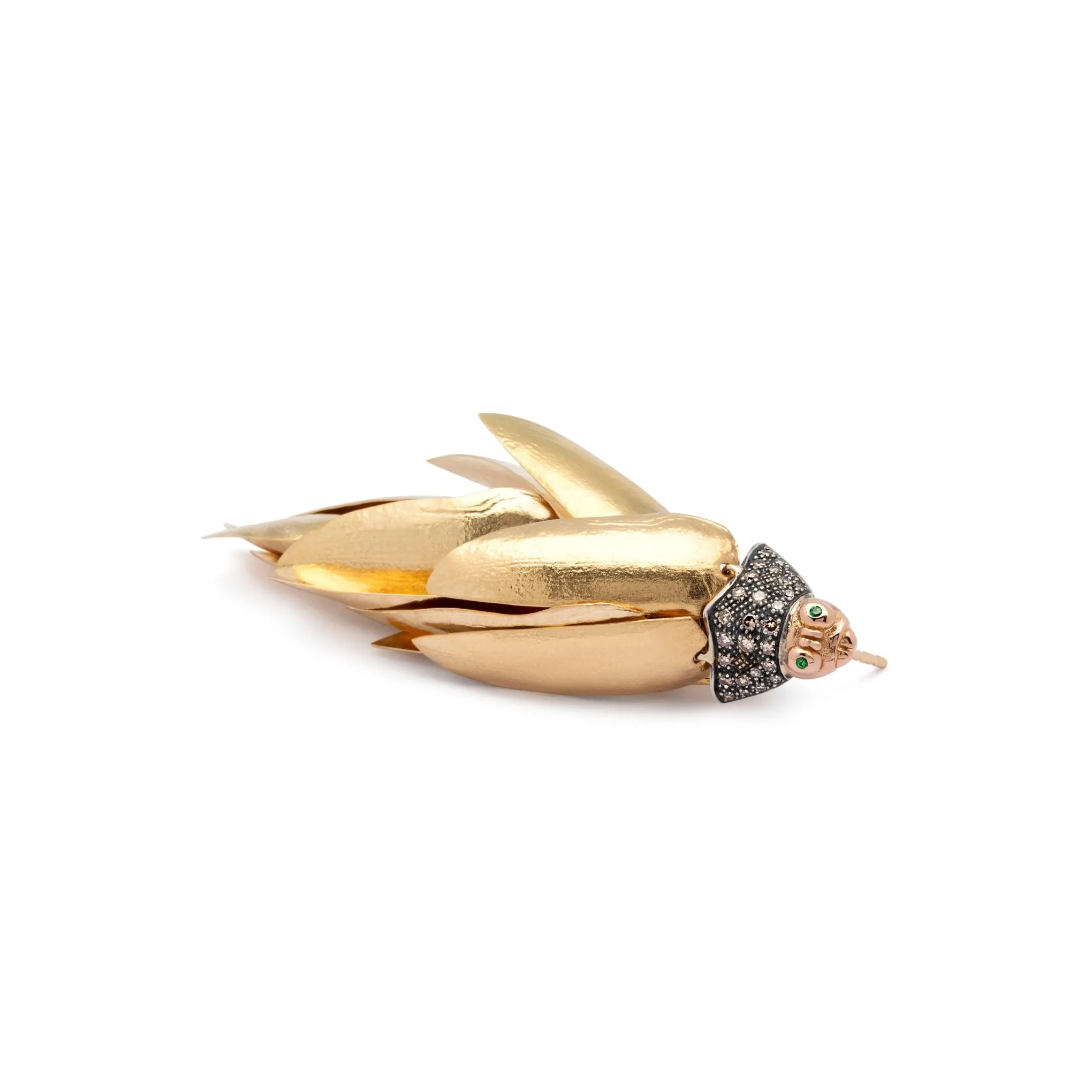 Gold Scarab Bunch 18K Gold & Silver Earring w. Diamonds & Tsavorite