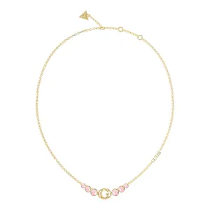 Guess Stainless Steel Gold Plated "G" Logo Rose Stone Pendant On 16-18" Chain Shiels