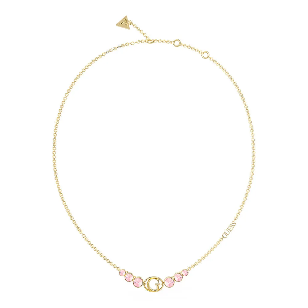 Guess Stainless Steel Gold Plated "G" Logo Rose Stone Pendant On 16-18" Chain Shiels