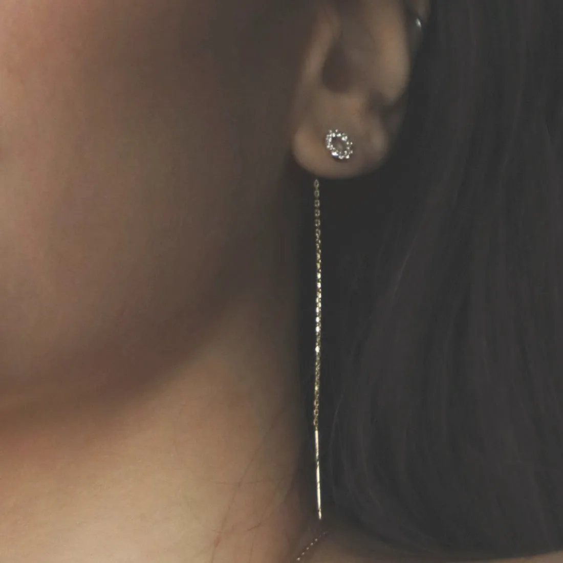 Long Chain 18K Rose Gold Earring w. Diamonds