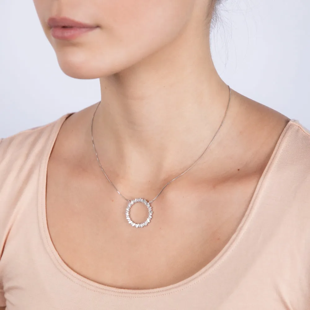 Luminesce Lab Grown Sterling Silver 1 Carat Circle Pendant with Round & Baguette Diamonds on Chain Shiels