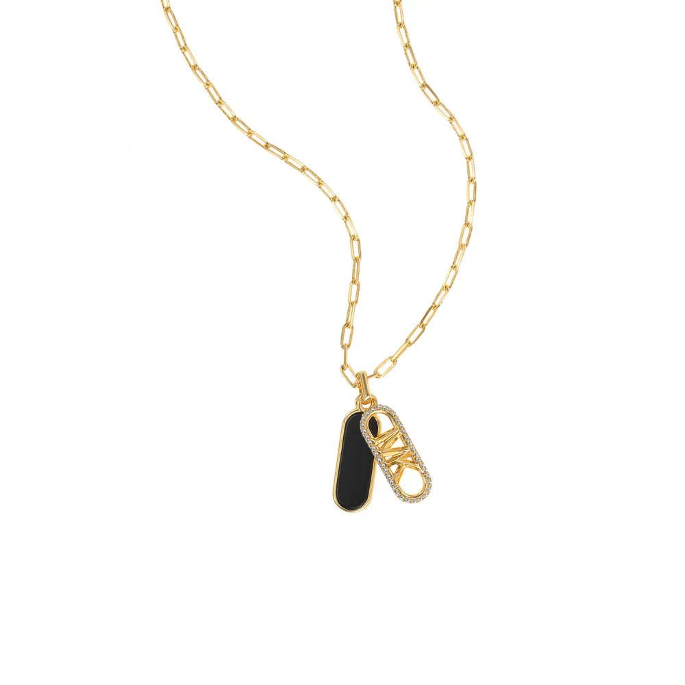 Michael Kors 14ct Yellow Gold Plated Brass Black Onyx Dog Tag Pendant with Chain Shiels