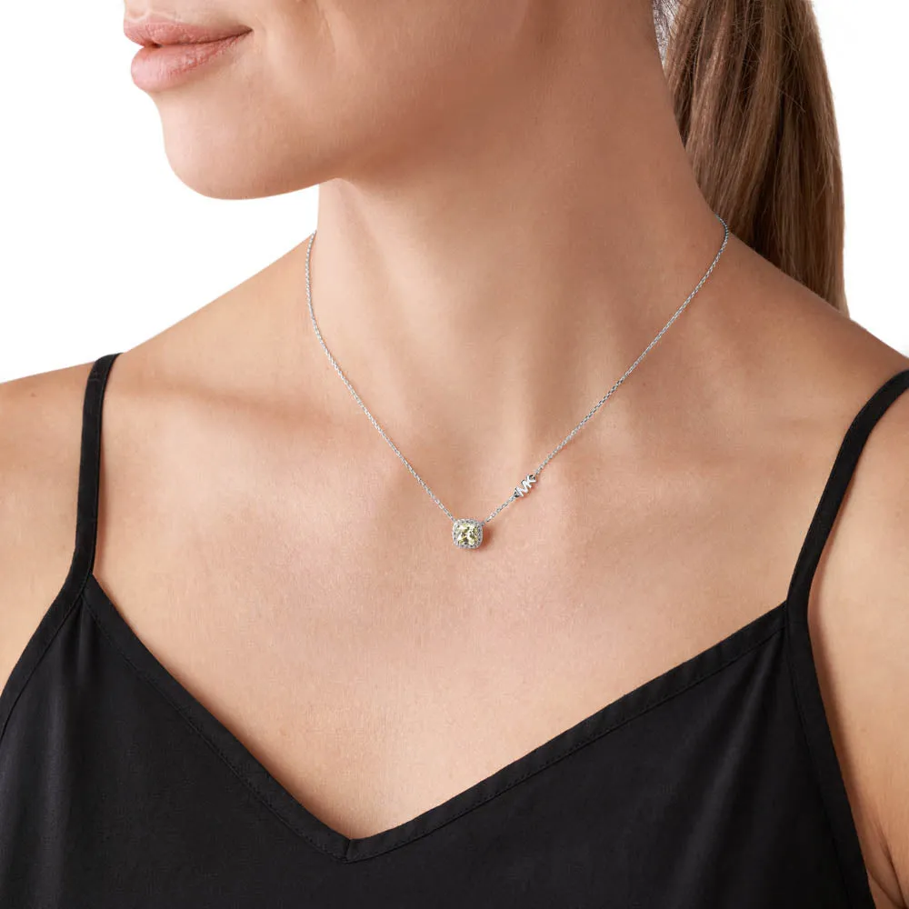 Michael Kors Sterling Silver Premium Pave Cushion Cut Pendant with Chain Shiels