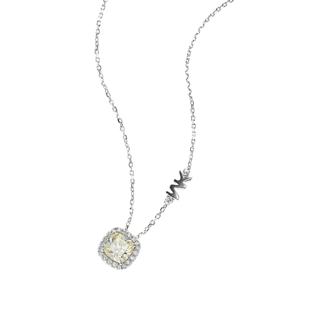 Michael Kors Sterling Silver Premium Pave Cushion Cut Pendant with Chain Shiels
