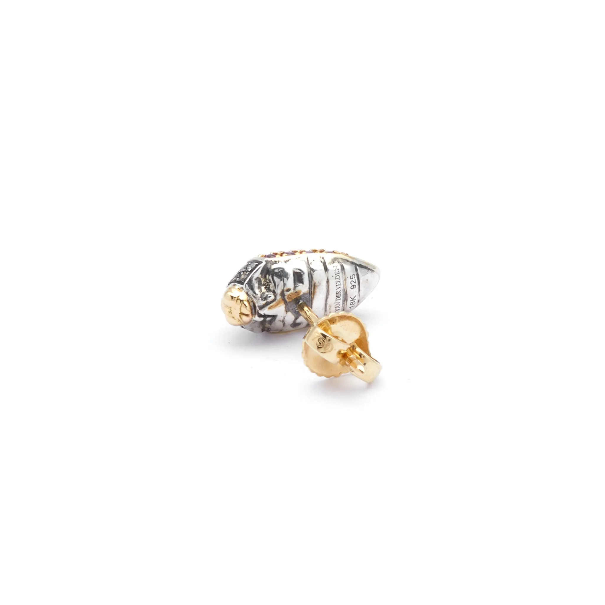 Mini Scarab 18K Gold & Silver Stud w. Diamonds, Sapphire & Amethyst