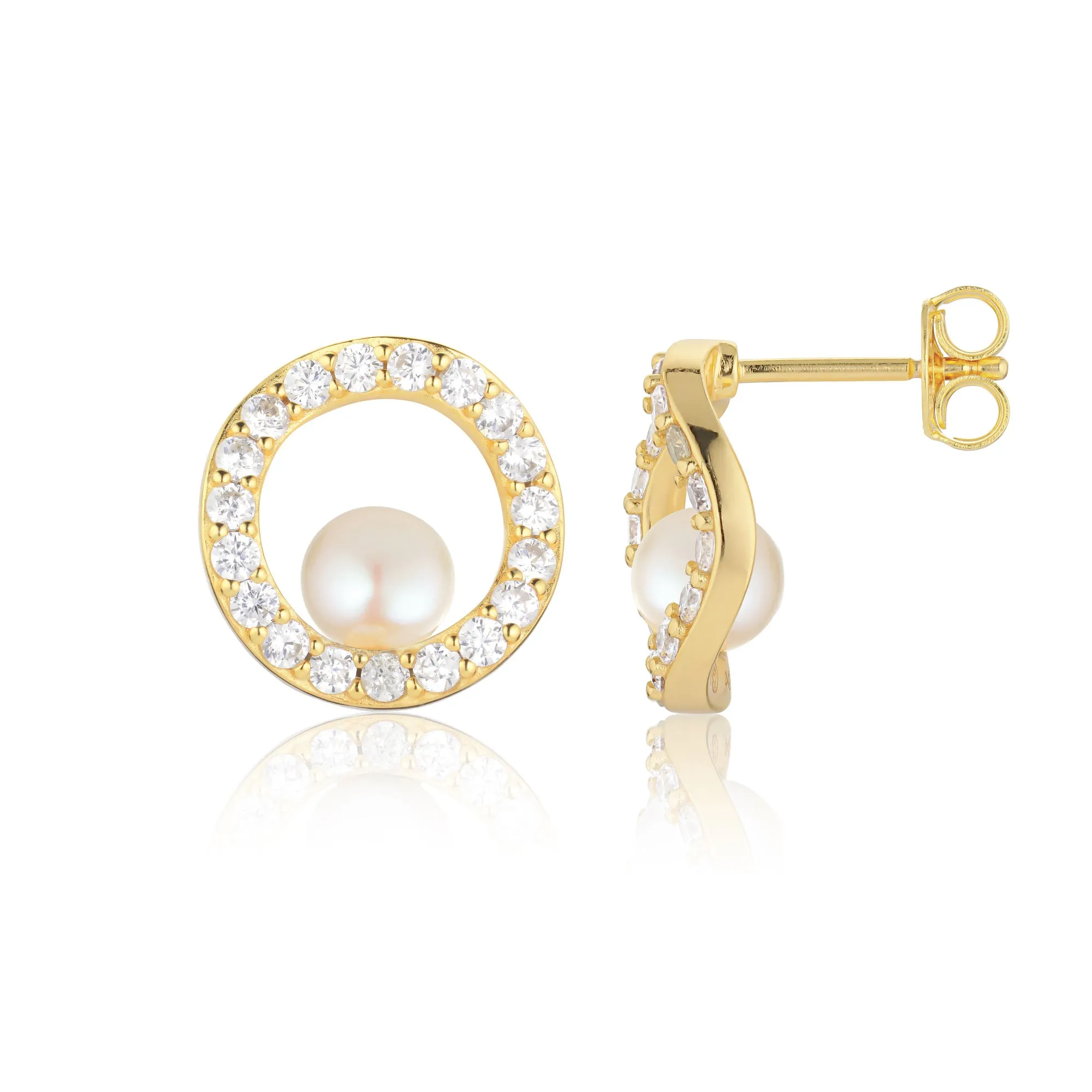 Ponza Circolo 18K Gold Plated Earrings w. Zirconias & Pearl