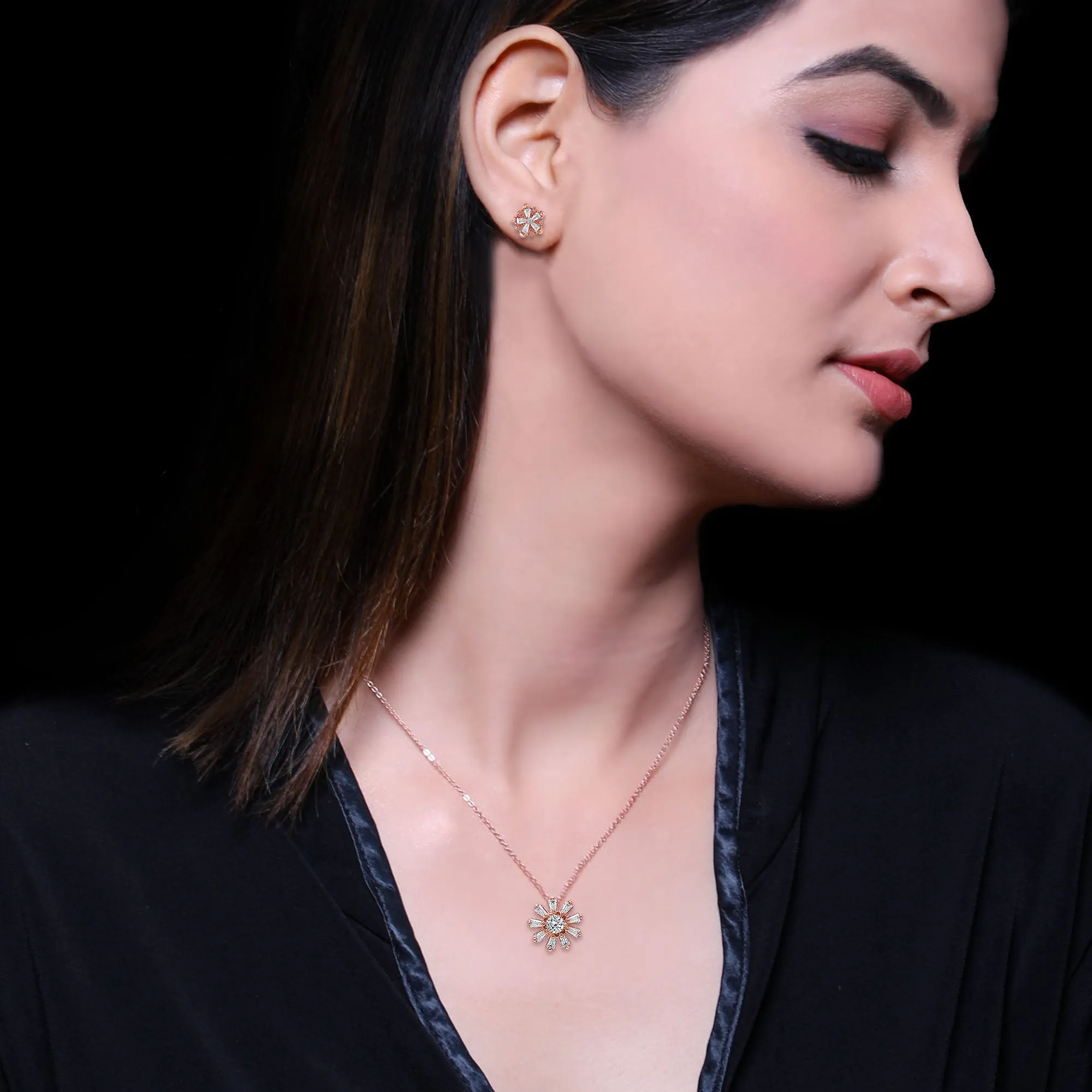 Rose Gold Baguette Flower Set with Link Chain Giva