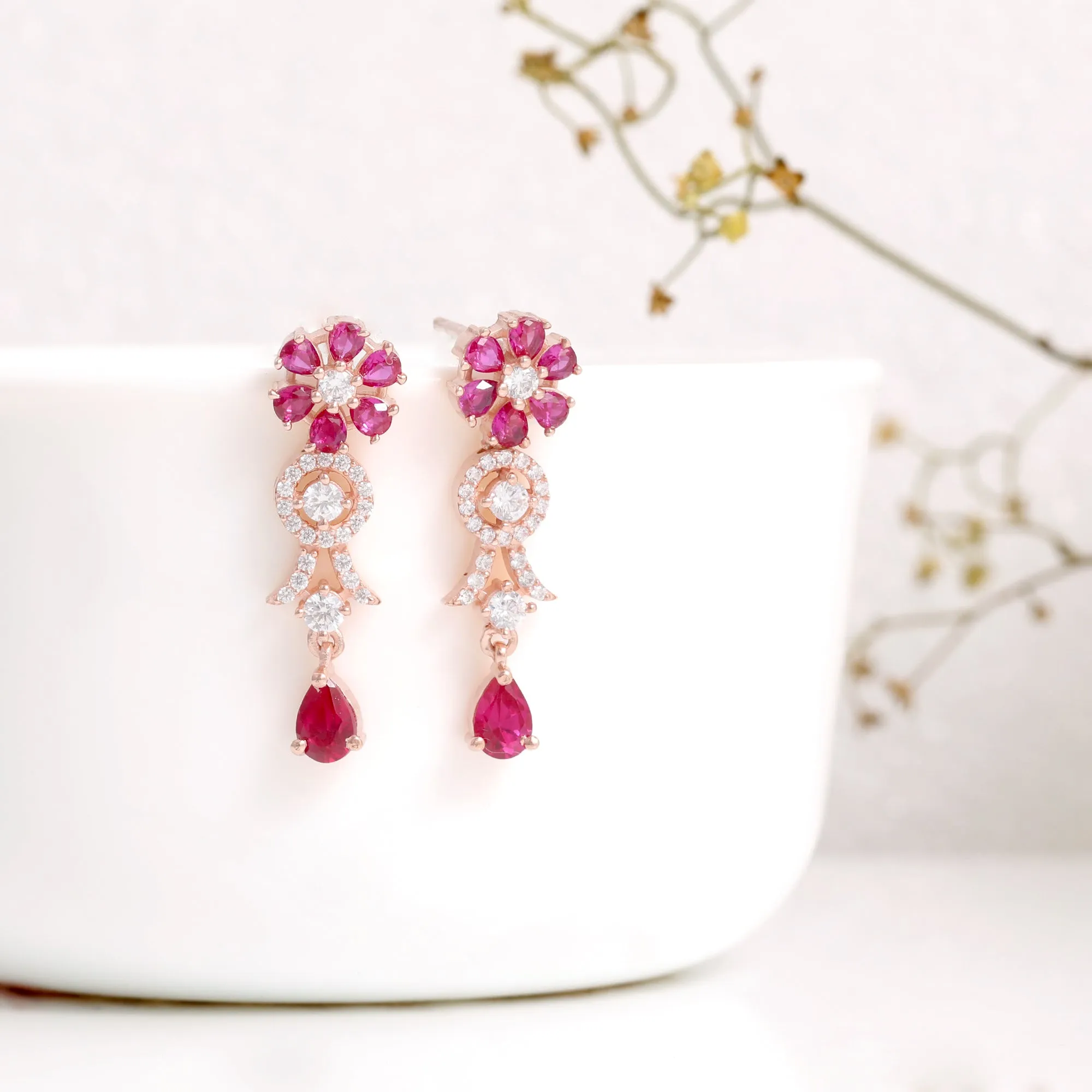 Rose Gold Zircon Pink Flower Drop Danglers Giva