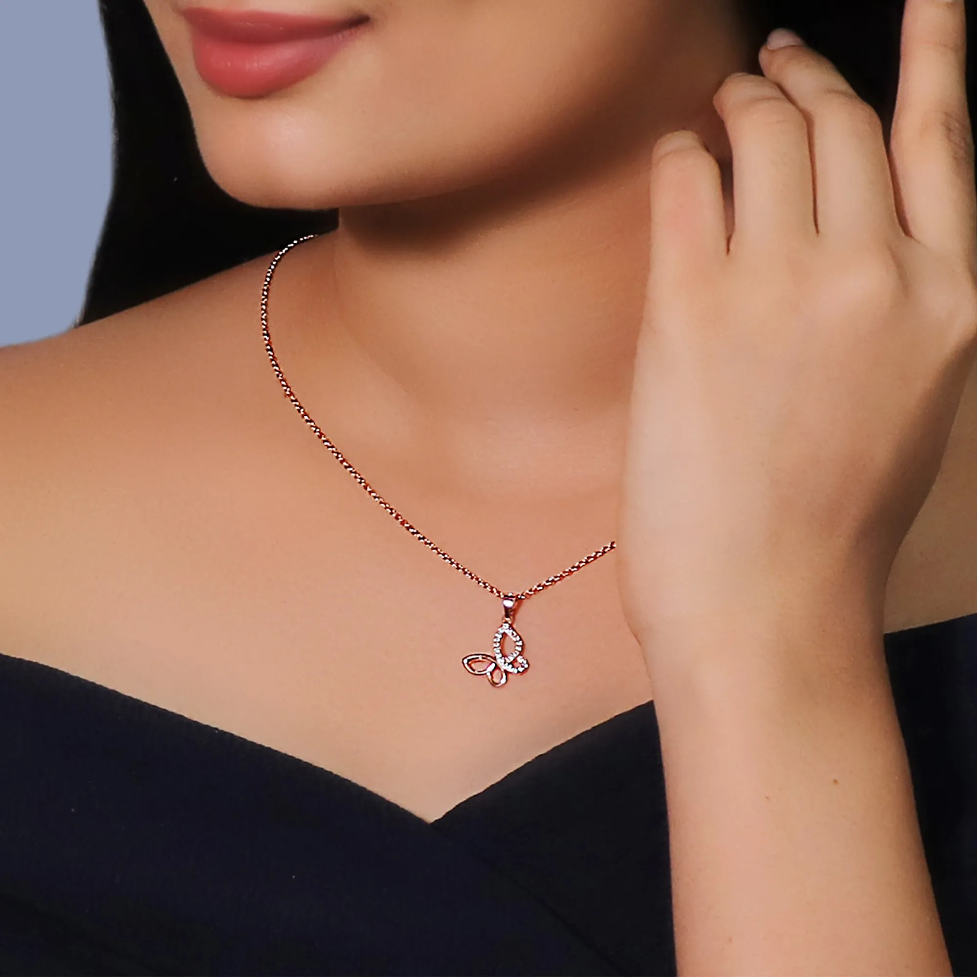 Rose Gold Zircon-Studded Butterfly Pendant With Link Chain Giva