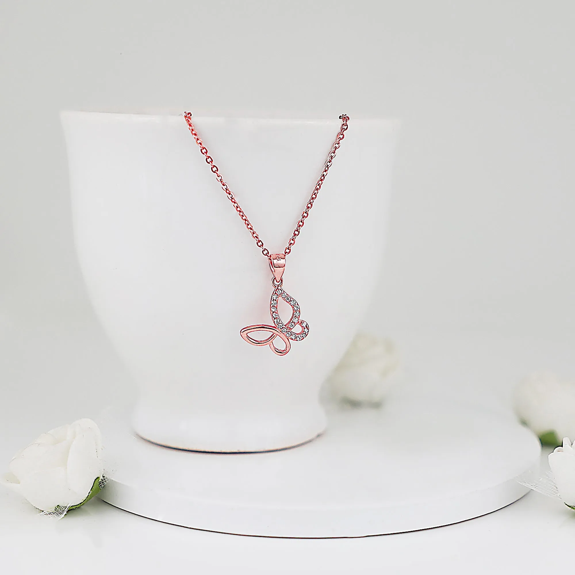 Rose Gold Zircon-Studded Butterfly Pendant With Link Chain Giva