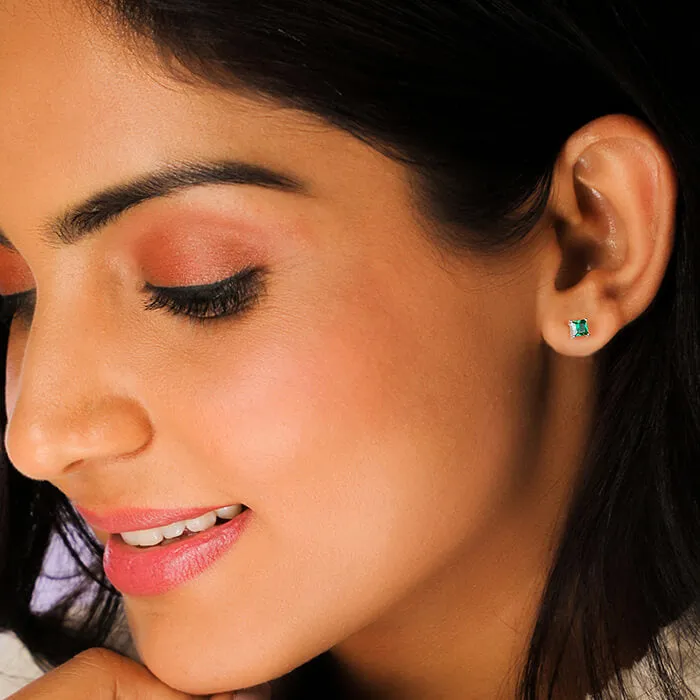 Silver Emerald Green Square Stud Earrings Giva