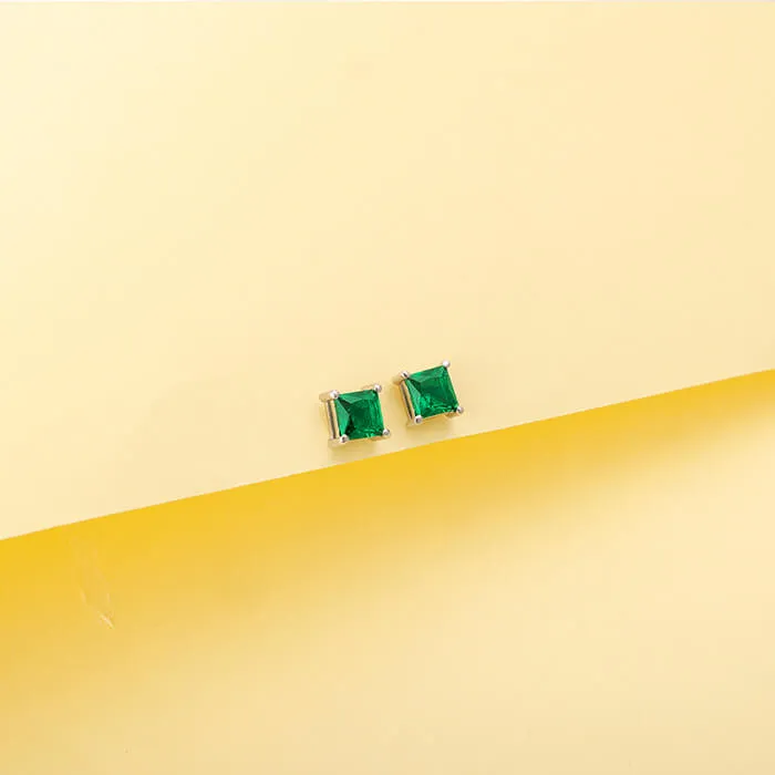 Silver Emerald Green Square Stud Earrings Giva