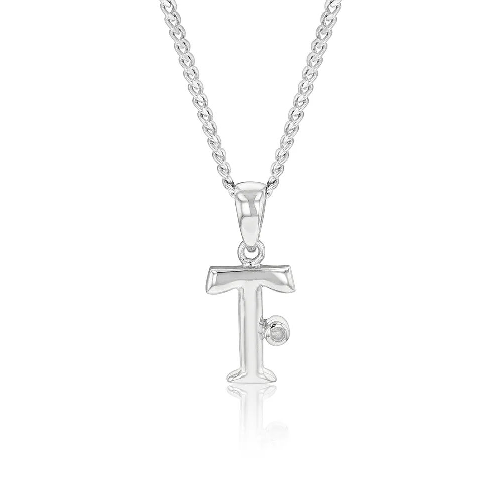 Silver Pendant Initial T set with Diamond Shiels