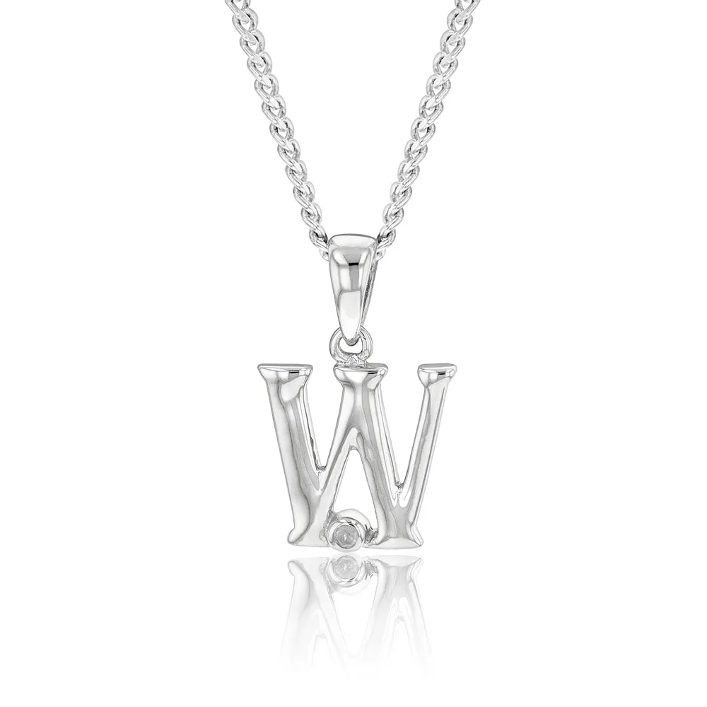 Silver Pendant Initial W set with Diamond Shiels