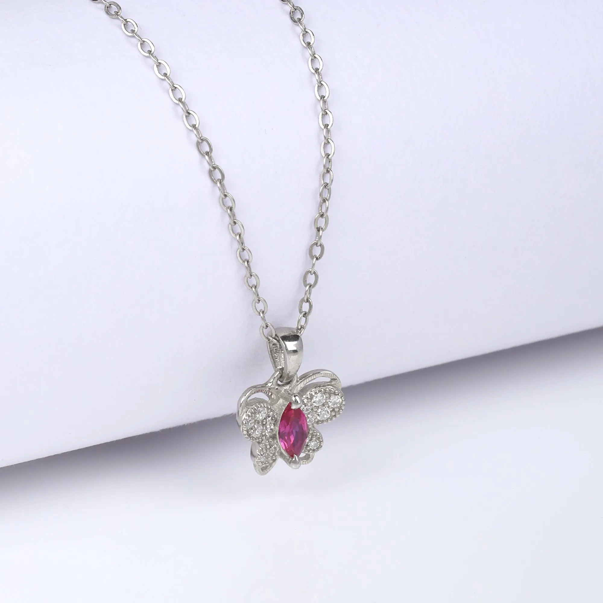 Silver Pop Pink Studded Butterfly Pendant With Link Chain Giva