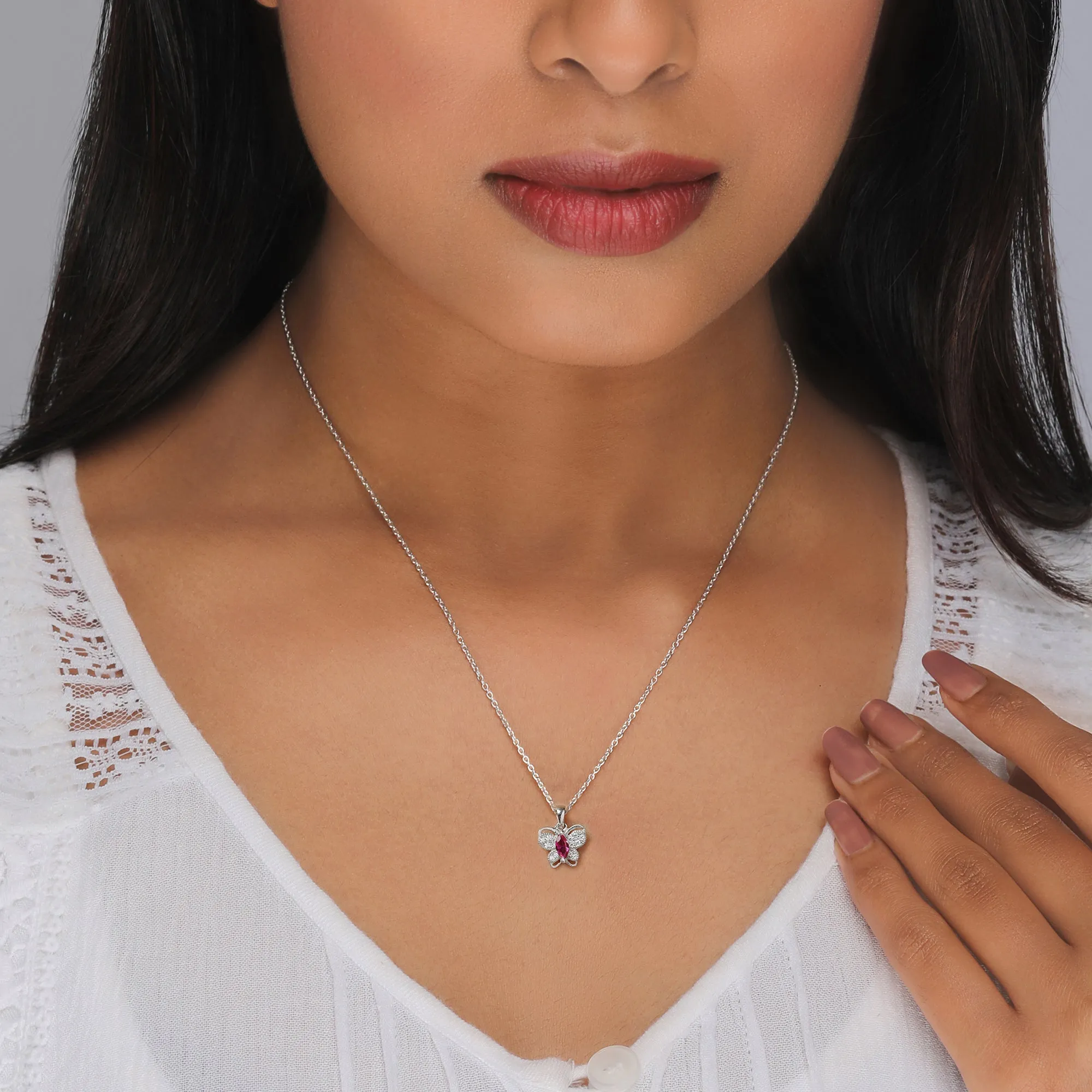 Silver Pop Pink Studded Butterfly Pendant With Link Chain Giva