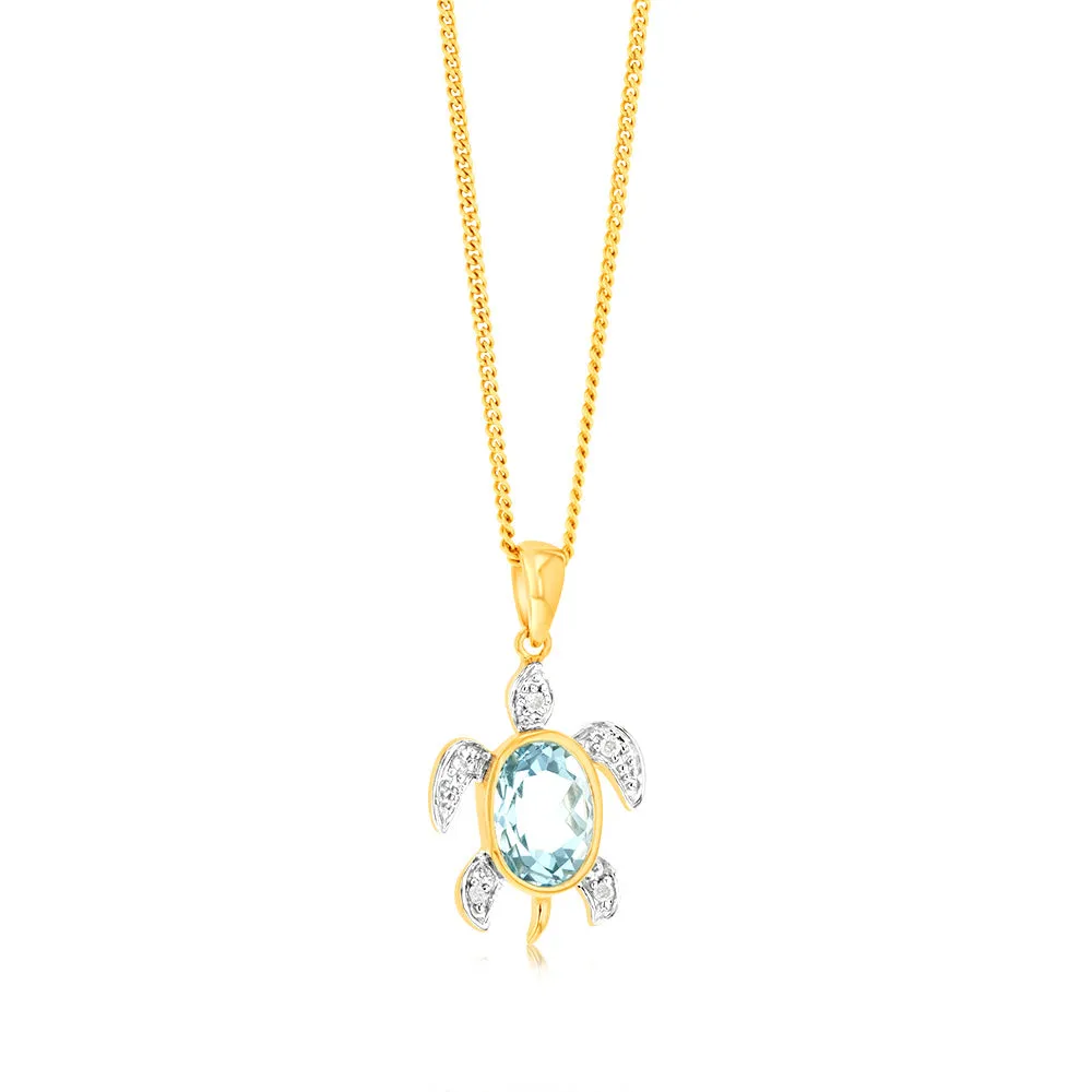 Sky Blue Topaz Tortoise Pendant with 5 Diamonds in 9ct Yellow Gold Shiels