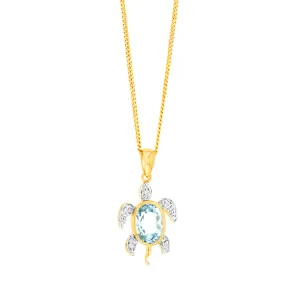 Sky Blue Topaz Tortoise Pendant with 5 Diamonds in 9ct Yellow Gold Shiels