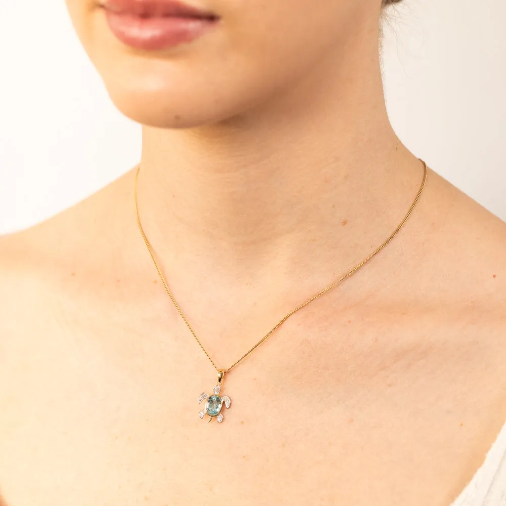 Sky Blue Topaz Tortoise Pendant with 5 Diamonds in 9ct Yellow Gold Shiels