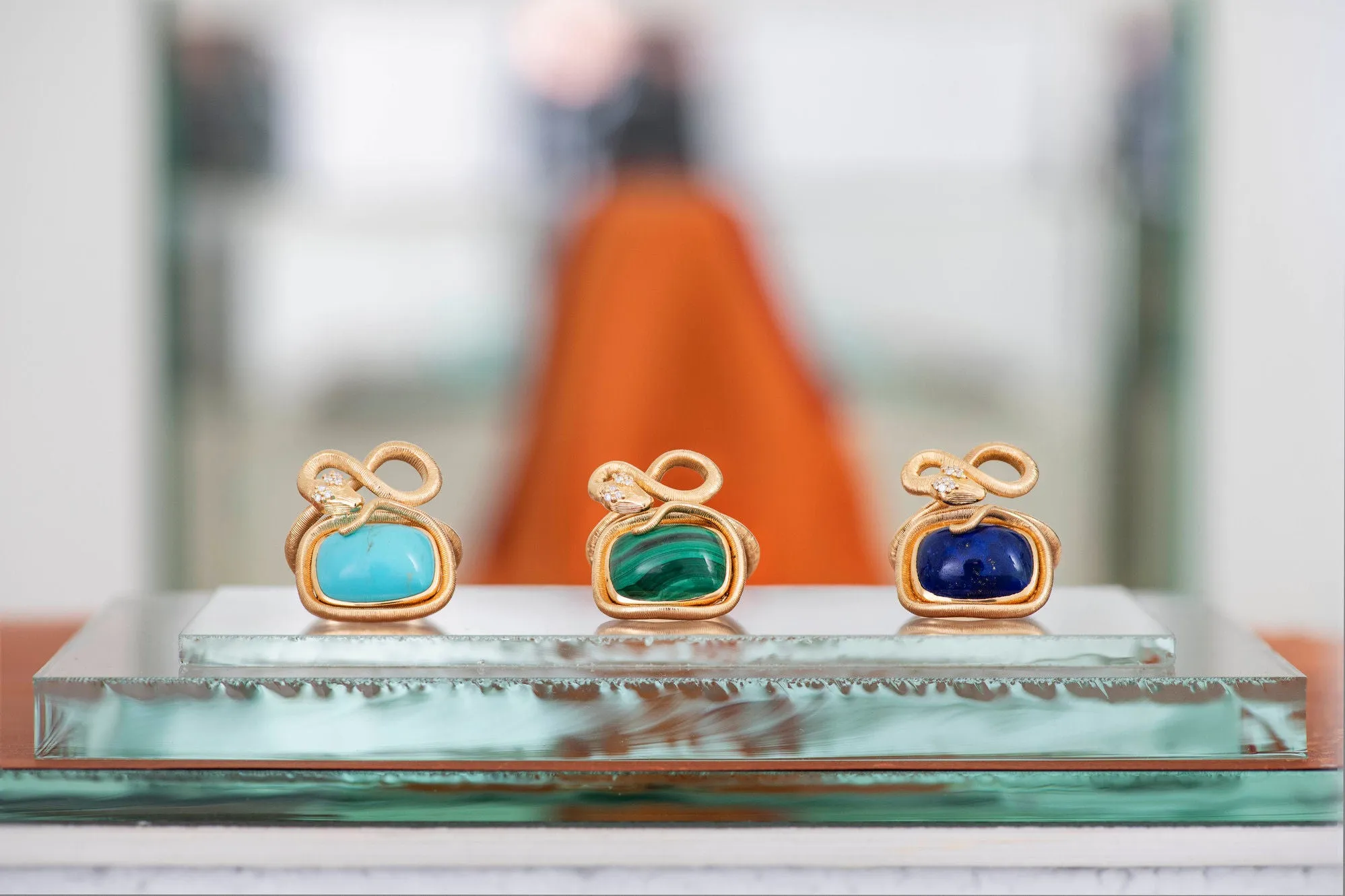 Snakes Petite 18K Gold Ring w. Diamonds & Turquoise