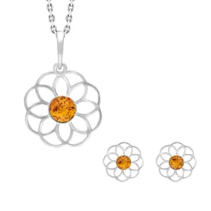 Sterling Silver Amber Flower Two Piece Set