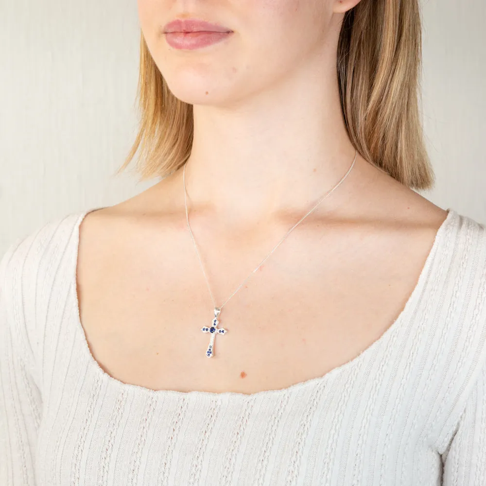 Sterling Silver Created Sapphire Fancy Cross Pendant Shiels