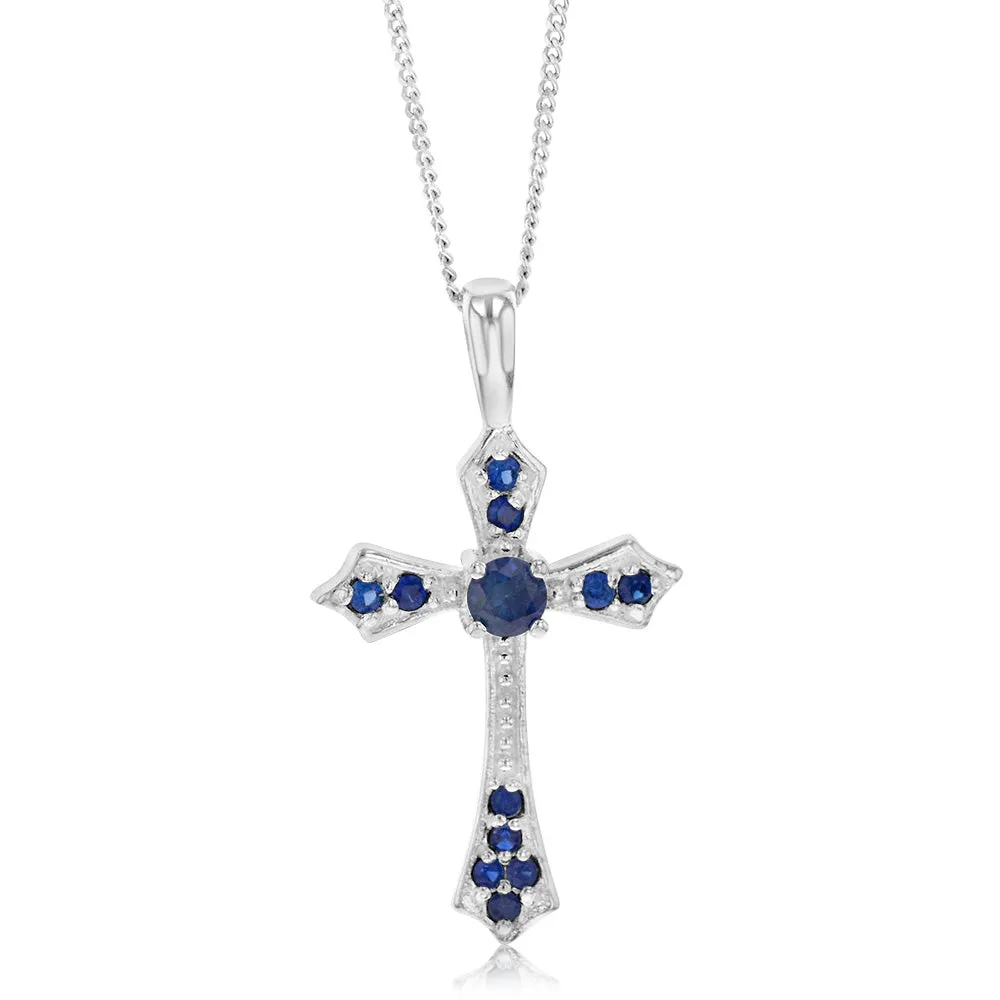 Sterling Silver Created Sapphire Fancy Cross Pendant Shiels