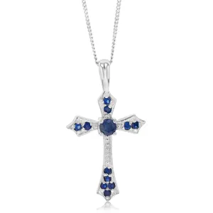 Sterling Silver Created Sapphire Fancy Cross Pendant Shiels