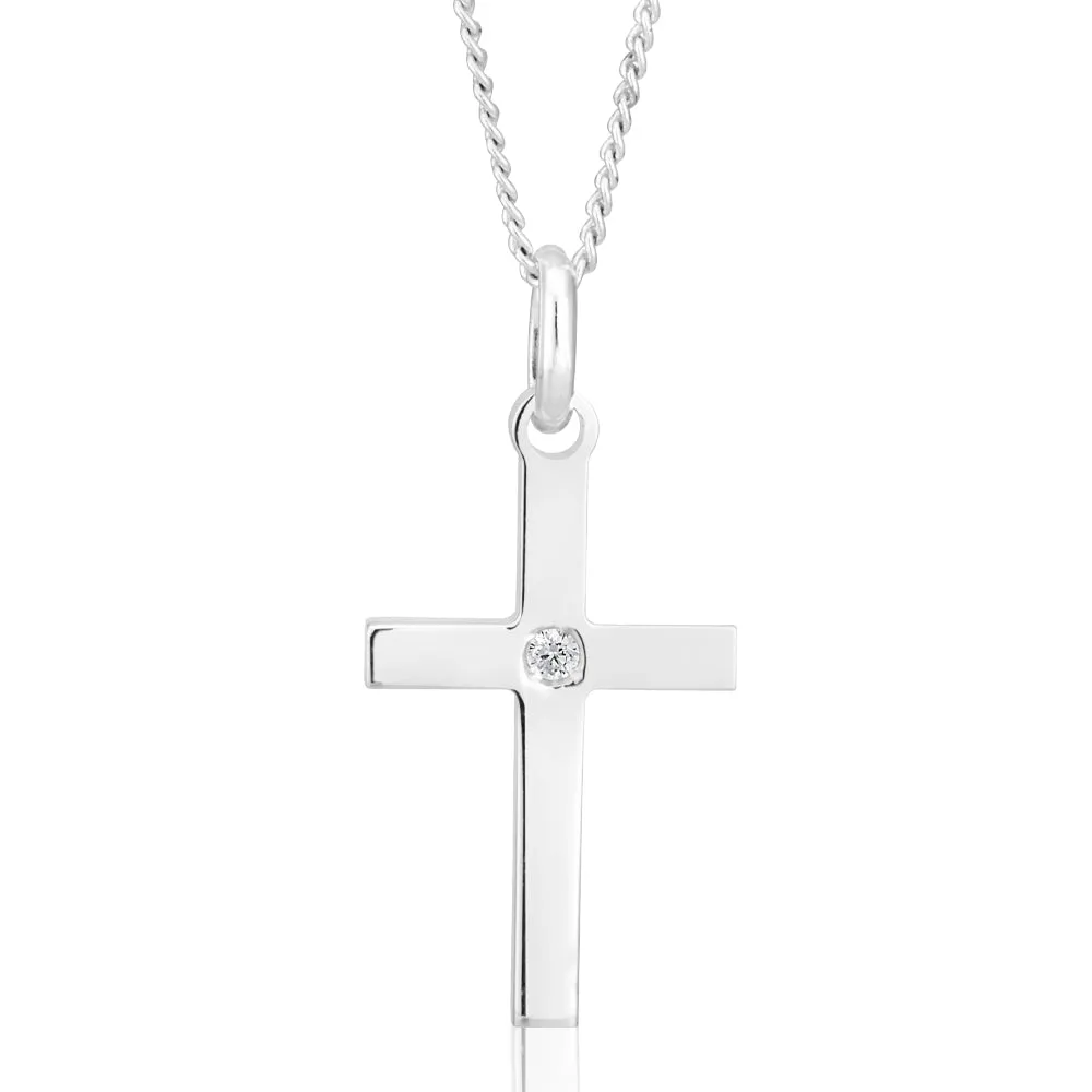 Sterling Silver Cross Pendant 3cm with Centre Zirconia Stone Shiels