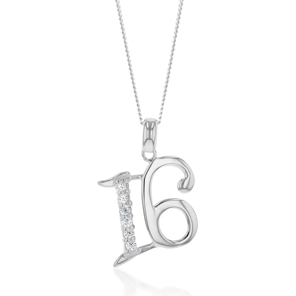 Sterling Silver Cubic Zirconia On Number "16" Pendant Shiels