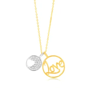 Sterling Silver Gold Plated Cubic Zirconia Heart And "Love" Twin Circle Pendant On Chain Shiels