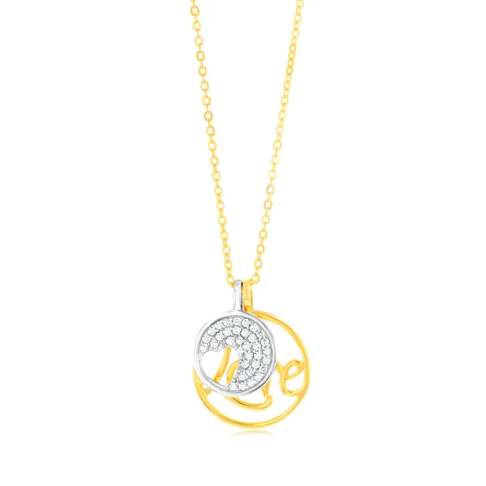 Sterling Silver Gold Plated Cubic Zirconia Heart And "Love" Twin Circle Pendant On Chain Shiels