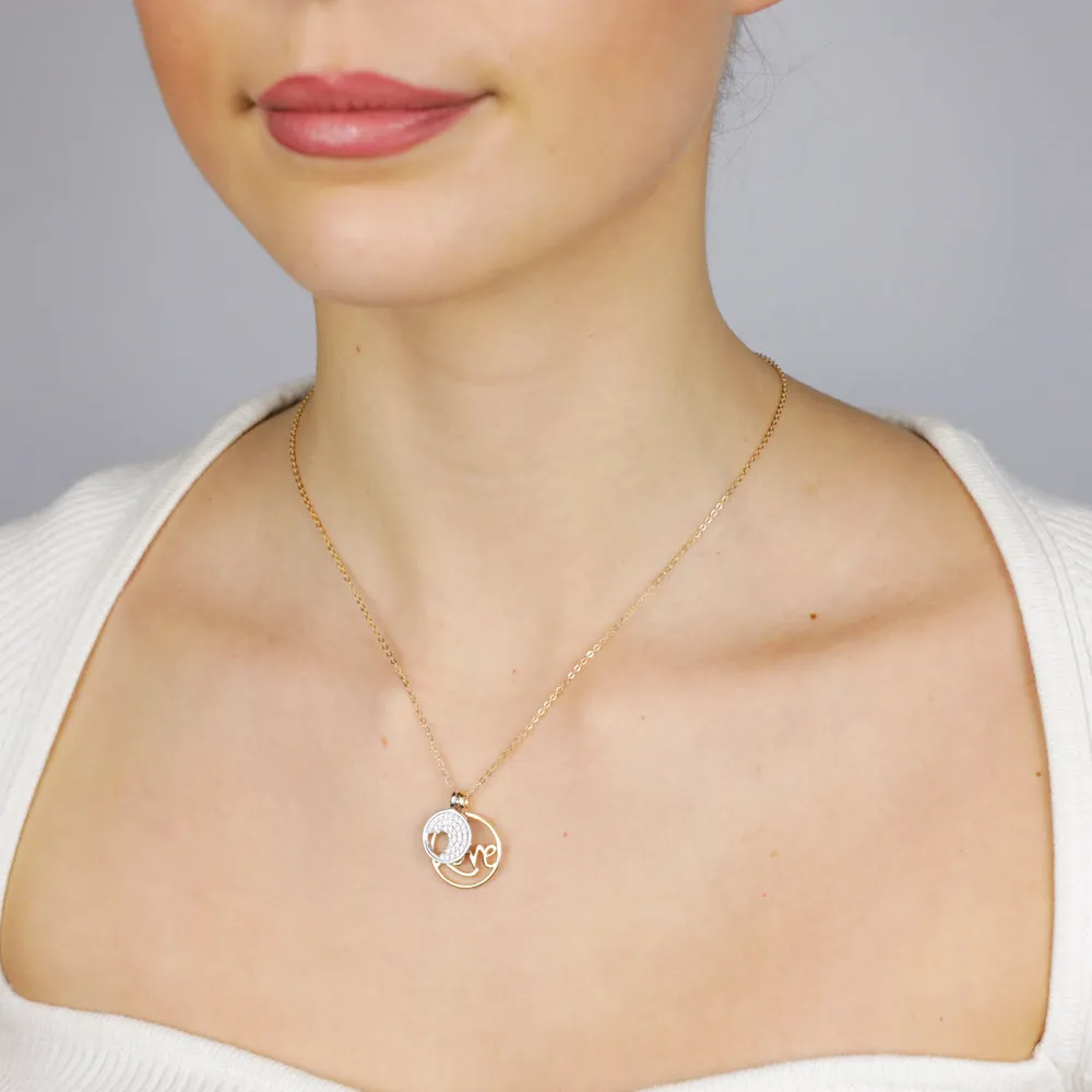 Sterling Silver Gold Plated Cubic Zirconia Heart And "Love" Twin Circle Pendant On Chain Shiels