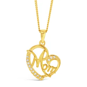 Sterling Silver Gold Plated Cubic Zirconia Heart Mom Pendant Shiels