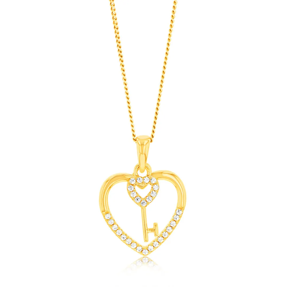 Sterling Silver Gold Plated Cubic Zirconia Key And Heart Pendant Shiels