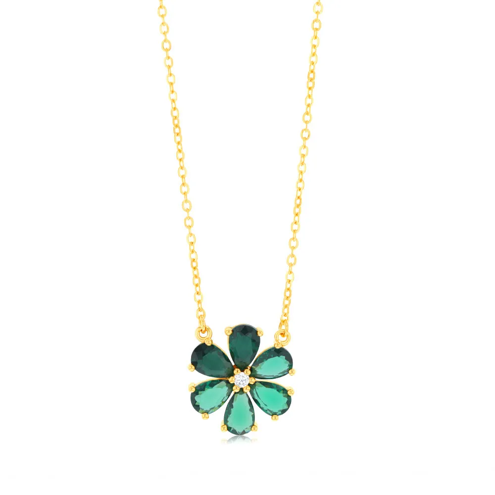 Sterling Silver Gold Plated Green Cubic Zirconia Flower Pendant On Chain Shiels