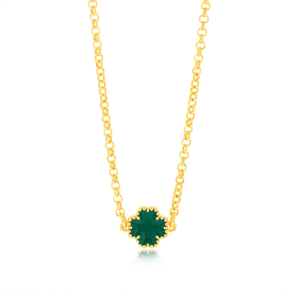 Sterling Silver Gold Plated Green Four Leaf Enamel Flower Pendant On chain Shiels