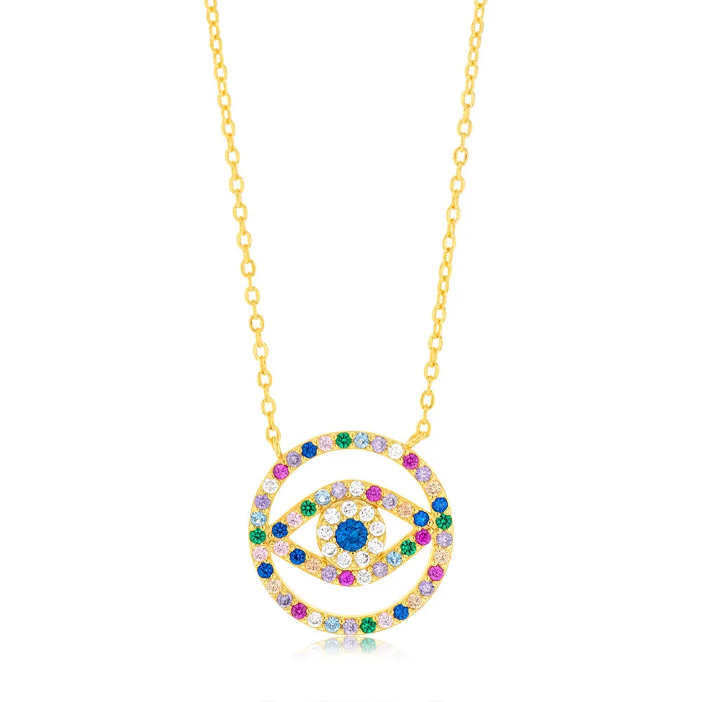 Sterling Silver Gold Plated Multicolour Zirconia Evil Eye Pendant on 45.7cm Chain Shiels