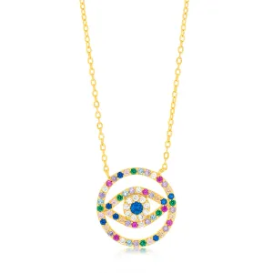 Sterling Silver Gold Plated Multicolour Zirconia Evil Eye Pendant on 45.7cm Chain Shiels