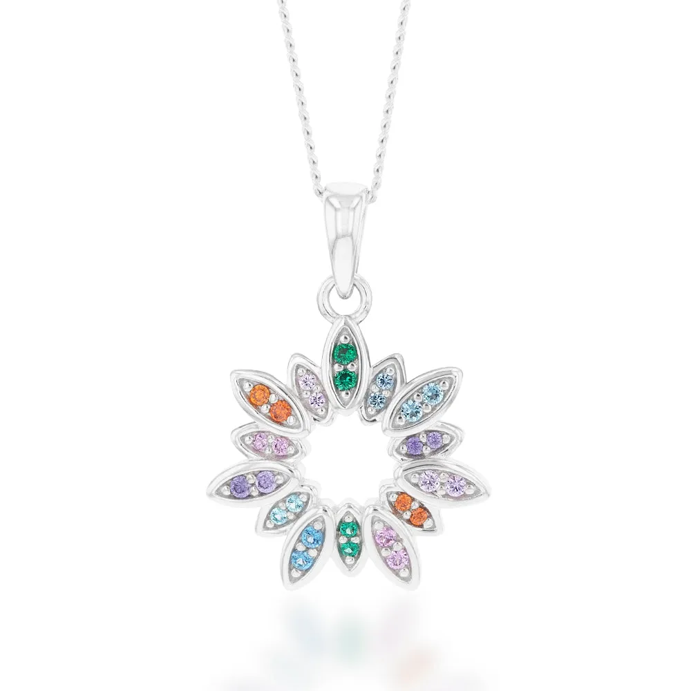 Sterling Silver Rainbow Multicolour Cubic Zirconia Flower Pendant Shiels